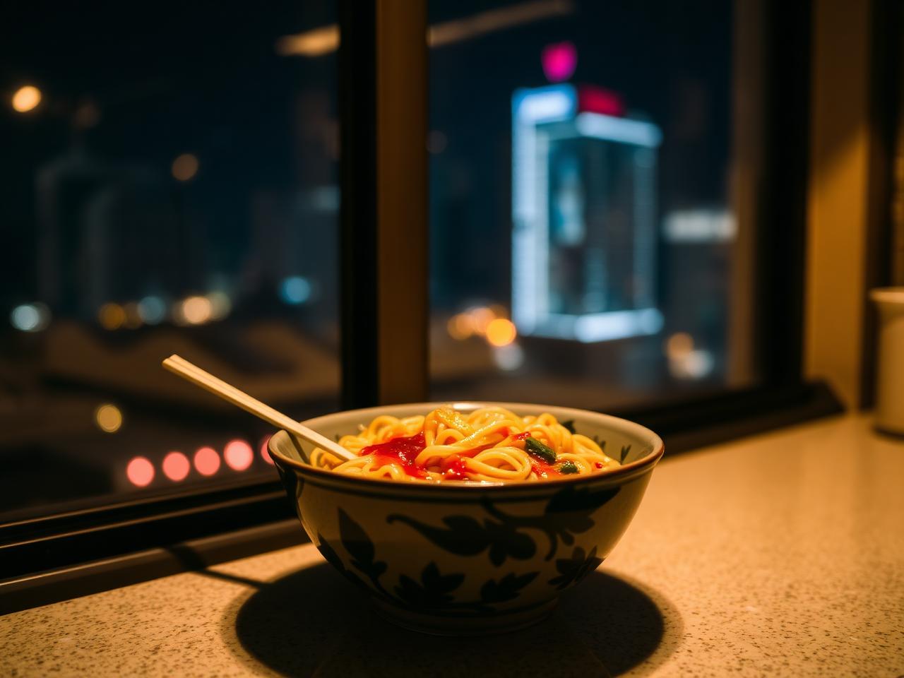 One spoon, one bowl of noodles
